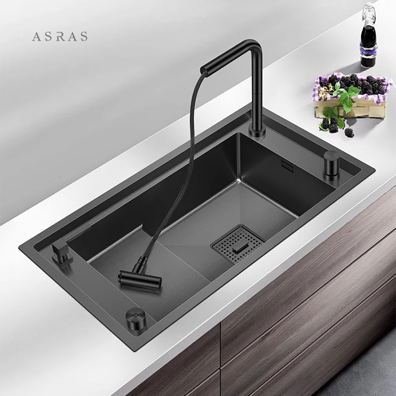 

ASRAS -8345NJ 304 Stainless Steel nano matt black sink kitchen single sink with pull out faucet Large Nanotech plating sink