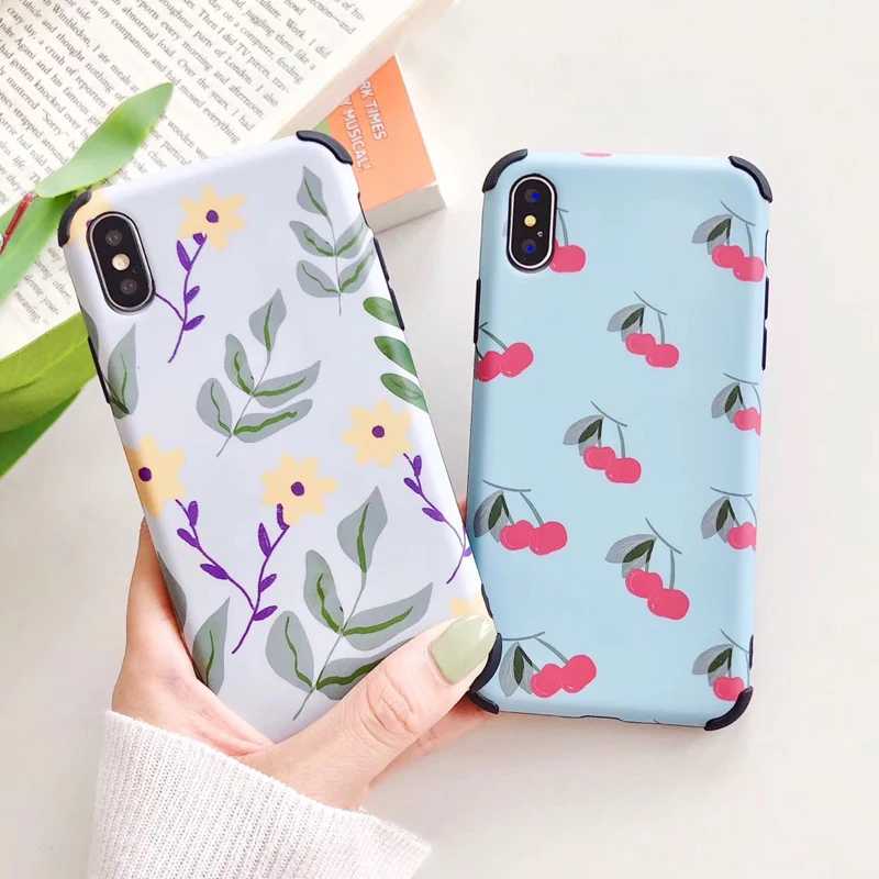 Cartoon Flower Shockproof Phone Case For iPhone XS Max XR 6 6S 7 8 Plus X Cherry Fruit Soft IMD Back Cover Coque |