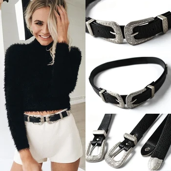 

Vogue Women Ladies Vintage Metal Boho Leather Double Buckle Waist Belt Waistband Newest Hot Fashion