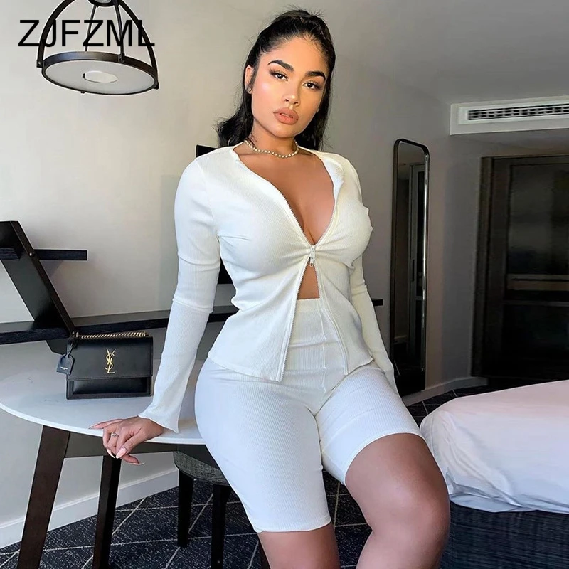 

Ribbed Fashion 2 Piece Outfit Sets Women Zipper Slim Knitting Sexy Two Piece Set Split Long Sleeve White Top and Biker Shorts