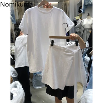 

Nomikuma Women Two Piece Outfits Short Sleeve O Neck T Shirts + Lace Up Bandage Waist Mini A-line Skirt Korean Solid Sets 6A596