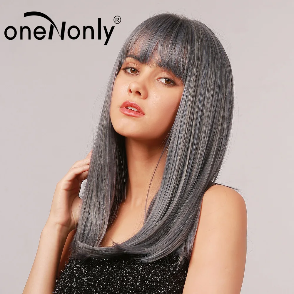 

oneNonly Ombre Synthetic Wigs Ash Blue Medium Straight Hair Wig with Bangs for White Black Women Heat Resistant Free Shipping