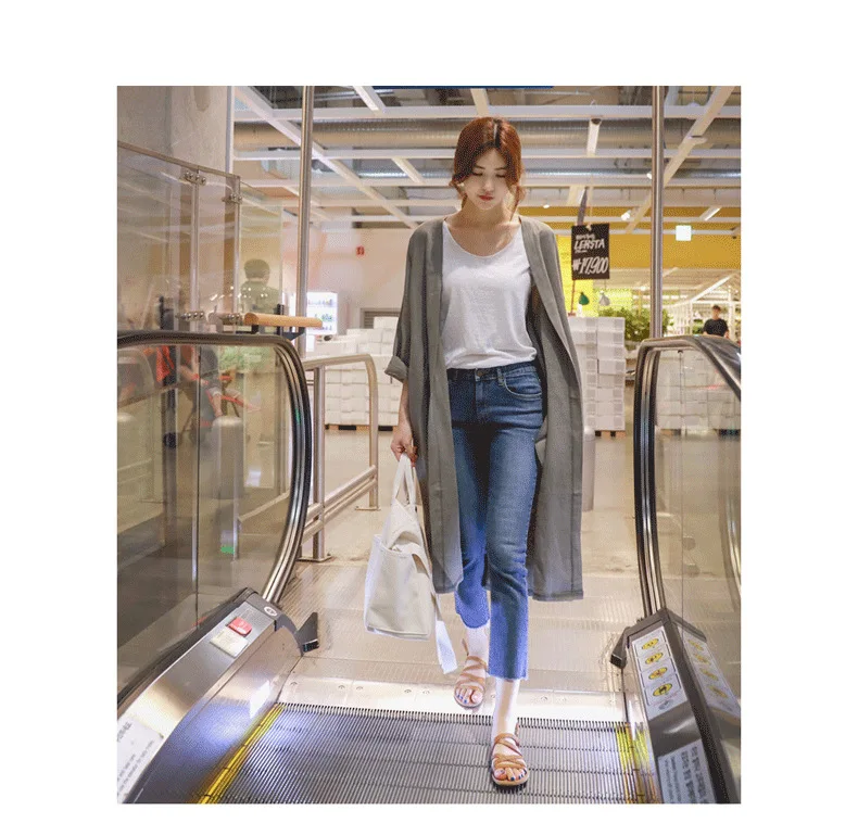 Korean-Style Spring And Autumn New Style Cotton Linen Long-sleeved Cardigan Women's Mid-length Loose Casual Wealthy Flax Collarl