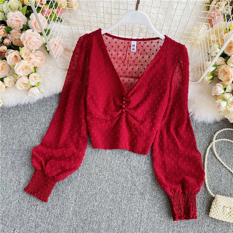 French Retro V-neck Chiffon Shirt Women 2021 Autumn Sexy Design Bubble Sleeve High Waist Long Sleeve Short Blouse Polka Dot Top shockproof kickstand design hard eva tablet case for ipad mini 2021 red