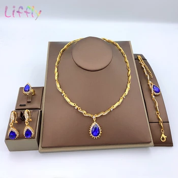 

African Style Bridal Blue Crystal Jewelry Round Big Necklace Gold Bracelet Earrings Ring Dubai Wedding Fashion Jewelry Sets
