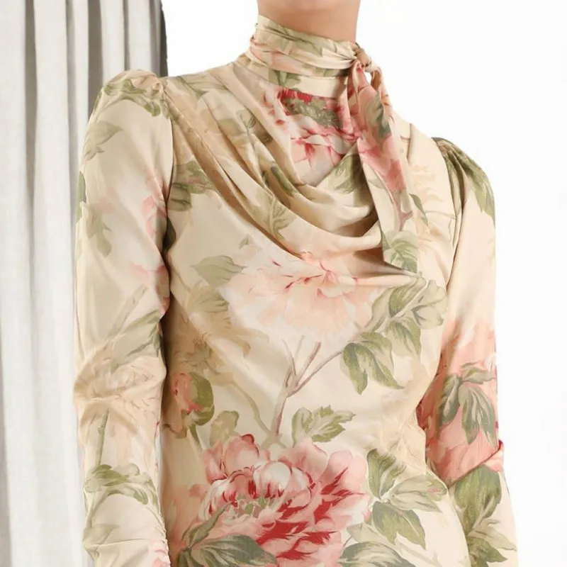 

2019 Autumn Long Sleeve Stand Collar Print Women Blouse Top