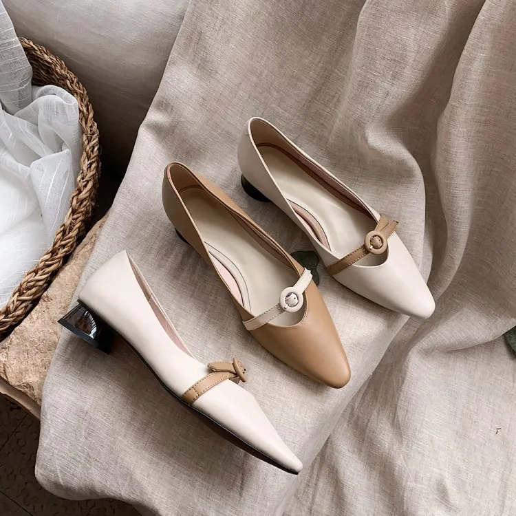 

2020 Spring Shoes Women's Korean-style Genuine Leather Mixed Colors Belt Buckle Elegant Low Heel WOMEN'S Shoes Recruit