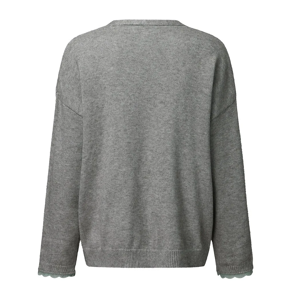 Pull femme nouveaute свитер женский с длинным рукавом сплошной цвет кружево флис Свободный V Ncek Кнопка свитер Джерси mujer truien