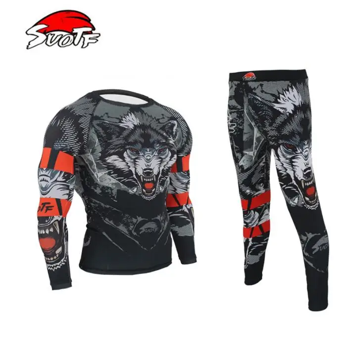 SUOTF боксерские компрессионные Джерси и брюки 3D Волк печать Рашгард KickBoxing плотные длинные футболки брюки Муай Тай ММА - Цвет: Jersey and Pant