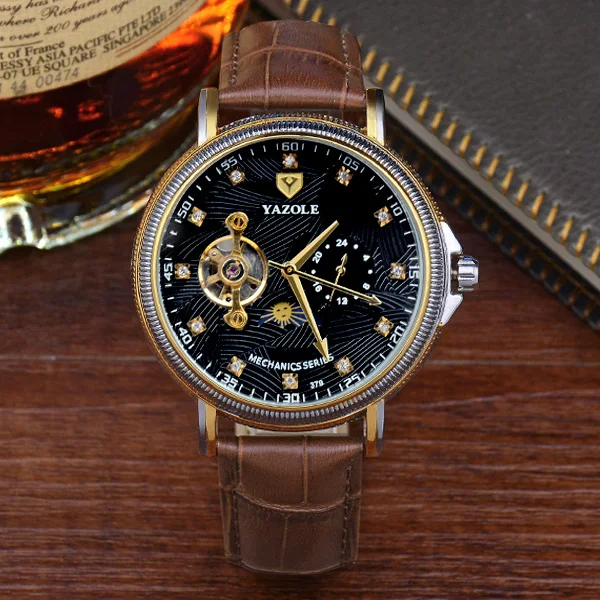 Black Dark Brown YAZOLE Высокое качество полуавтоматический полый маховик механические Move Мужские t модные деловые многофункциональные мужские часы 379 - Цвет: Black Dark Brown