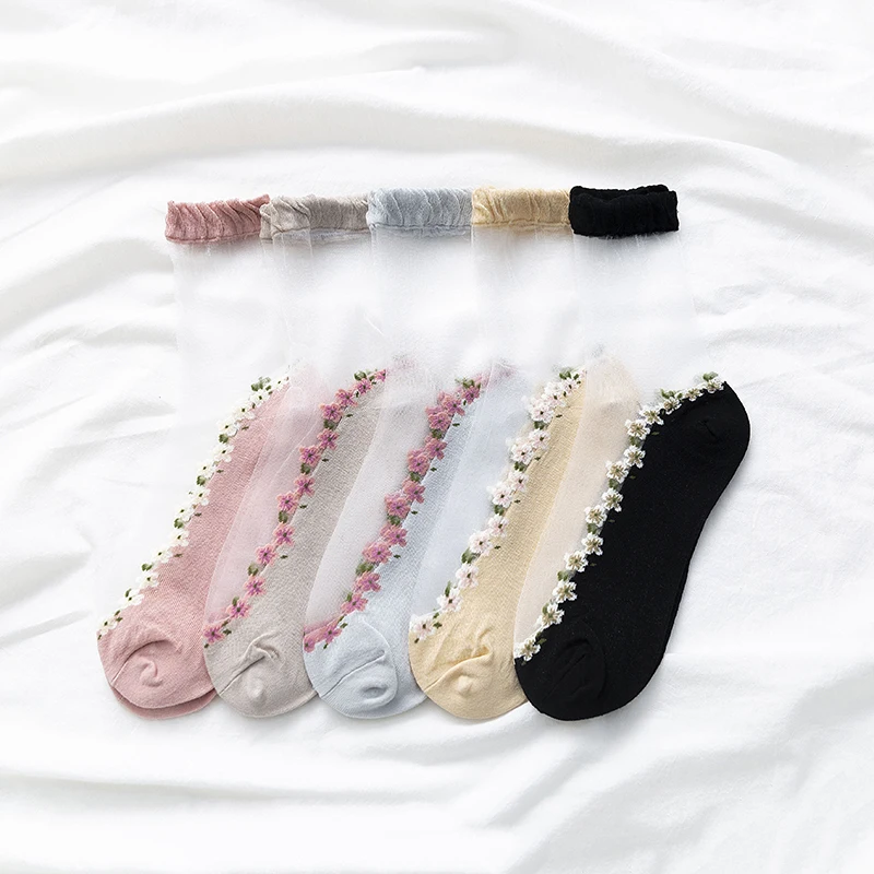 

MODA MULAYA Ultra-thin Women's Embroidery Flower Stocks Summer Cool Comfortable Breathable Cute Sexy Glass Silk Fungus Lace