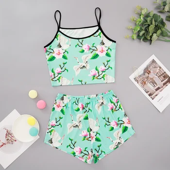

Women Sexy Chinese Style Plants Flower Animal Printed Sleepwear Lingerie Nightwear Tops Shorts Set Female Underwear Pajama Sets