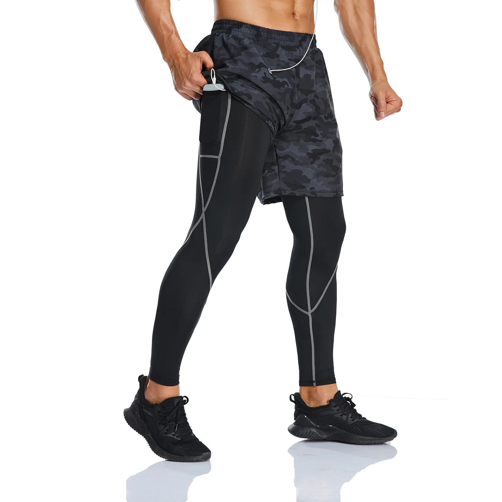 Men zipper side pocket earphone line hole sports trousers jogging pants