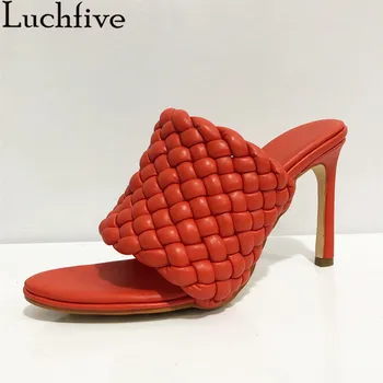 

Open Toe High heel Slippers Purple Red Blue rhombus lattice Leather slippers Weave Bread Mules Women Beach Party Shoes Woman