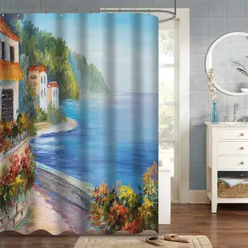 

Seaside Oil Painting Fabric Shower Curtain - Painted Houses on Blue Ocean Beach, Flowers and Walkway, Acrylic Paint Style with
