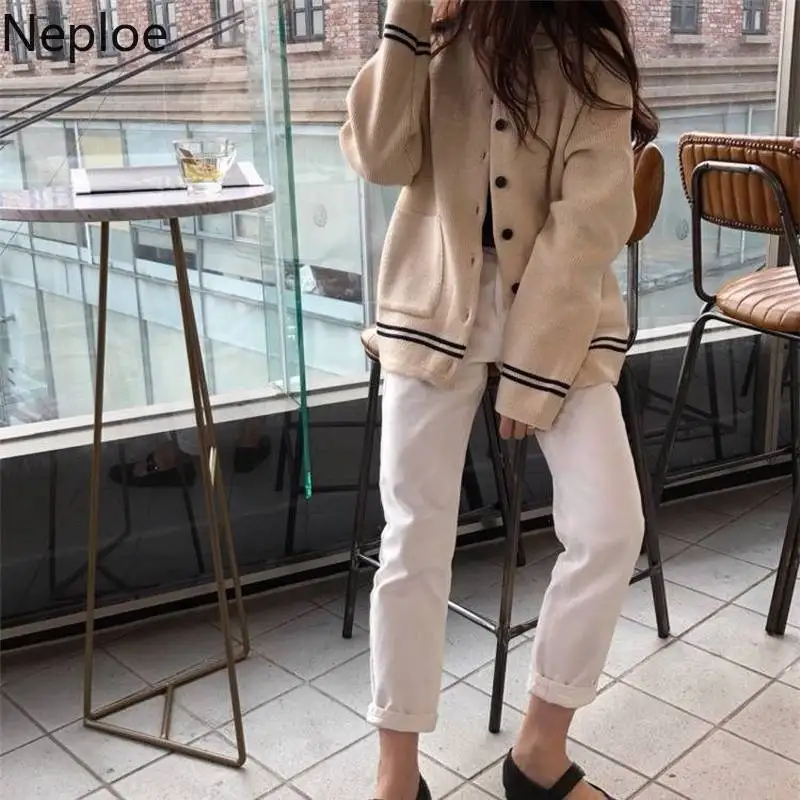 Neploe/Новые Корейские вязаные кардиганы, свитер, женская верхняя одежда, полосатые пальто с отложным воротником, женские длинные рукава, Sueter Mujer 90408