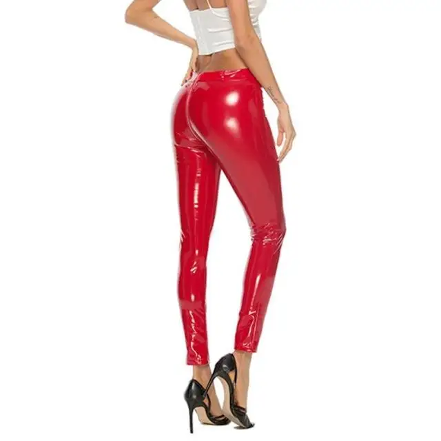 Red leggings Женские леггинсы из ПВХ на молнии в стиле панк Рок диско, сексуальные блестящие кожаные леггинсы размера плюс,, латексные обтягивающие черные брюки-карандаш - Цвет: Red leggings