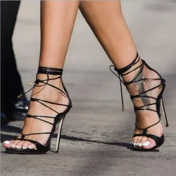 

New 2020 Classic PVC Women Heeled Sandals Ankle Strap Thin Super High Heels Round Toe Lace-Up Dress Black Red Size 35-40