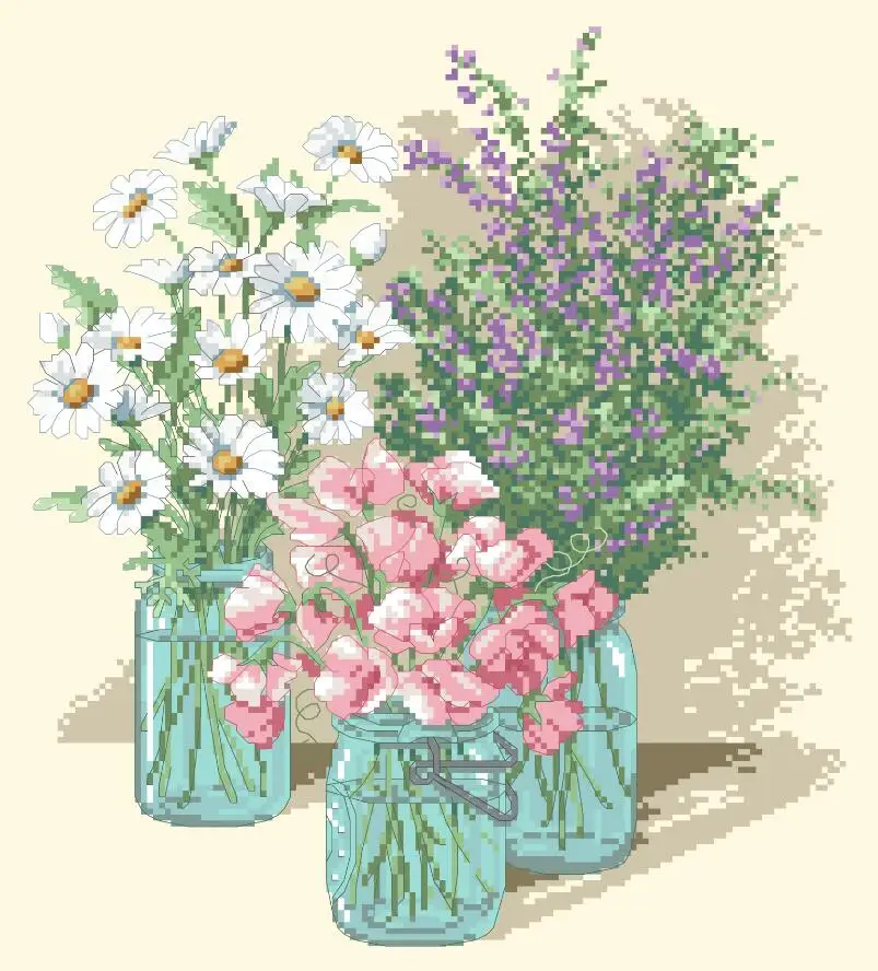Three bottles of flowers cross stitch package 18ct 14ct light yellow cloth cotton thread embroidery DIY handmade needlework | Дом и сад