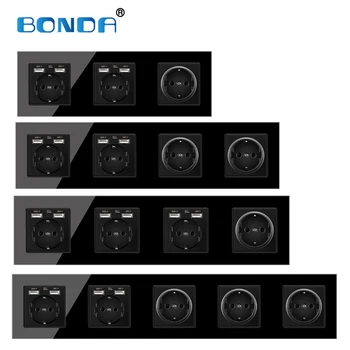 

BONDA USB wall socket, EU German standard, black crystal tempered glass panel, three-layer power socket, power socket 16A