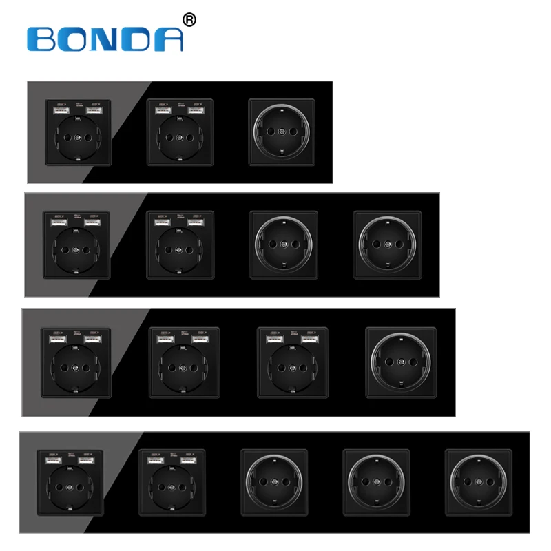 

USB wall socket, EU German standard, black crystal tempered glass panel, three-layer power socket, power socket 16A