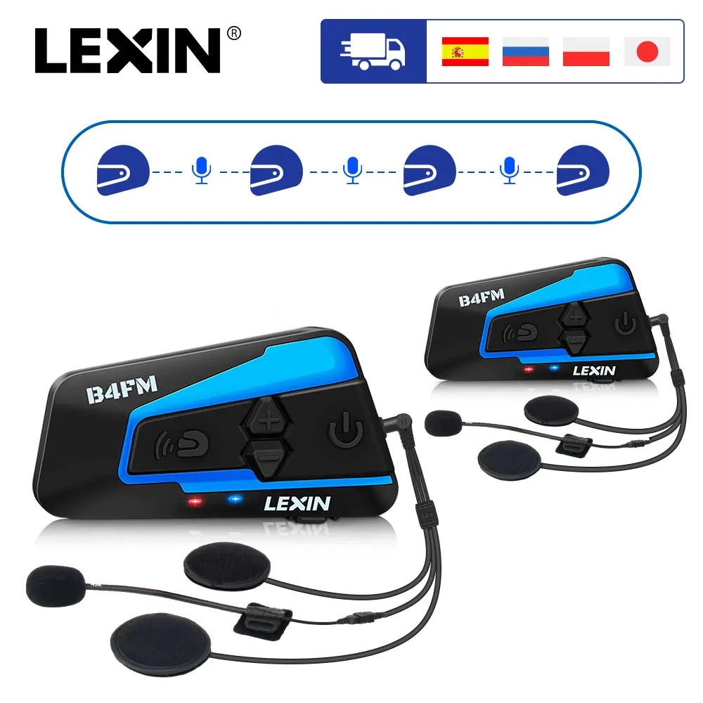 2PCS Lexin B4FM 4 Way Bluetooth Motorcycle Helmet Intercom Headsets, Hands-free wireless helmets intercomunicadores moto music