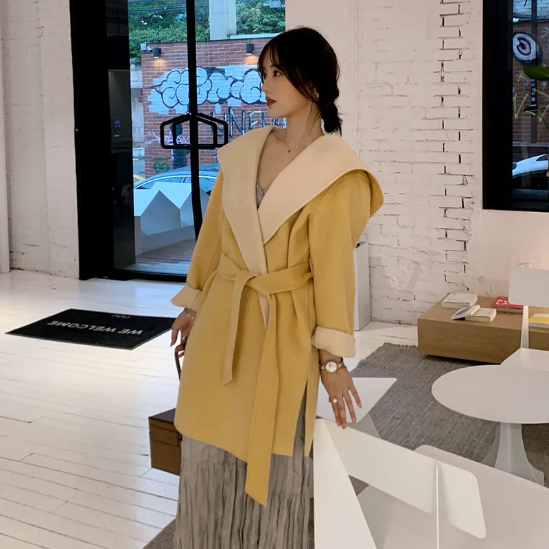 

Autumn 2019 New Line with Double-sided Double-color Loose Wool Overcoat Women Korean Version Short Cap Long Coat Women