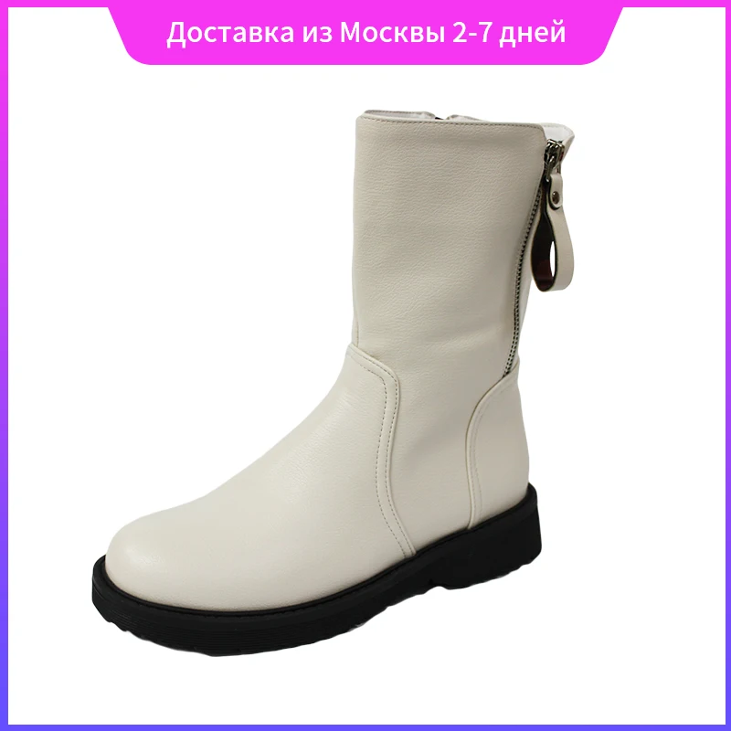 

Winter Women Fashion Mid-Calf Boots Ladies Pure Color Round Toe Boot Women's Thicken Warm Simple Zipper Shoes