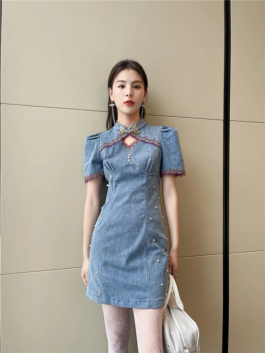 cheongsam modified denim dress 