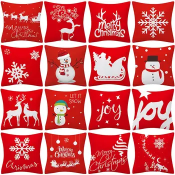 

Christmas Snowman Deer Red Pattern Cushion Cover Polyester 45*45cm Decorative Pillowcase New Year Sofa Home PillowCover 41038