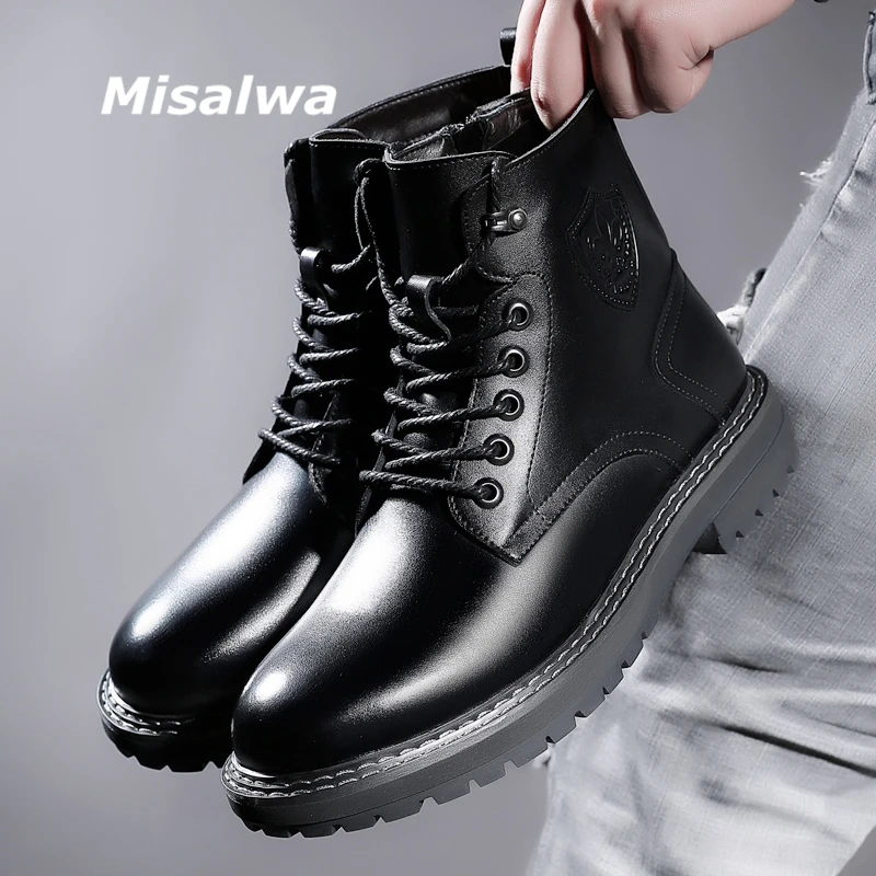 Misalwa High Top Leather Men Boots Zipper Winter /Spring Casual British Motorcycle Mens Waterproof Round Toe Shoes Furry | Обувь