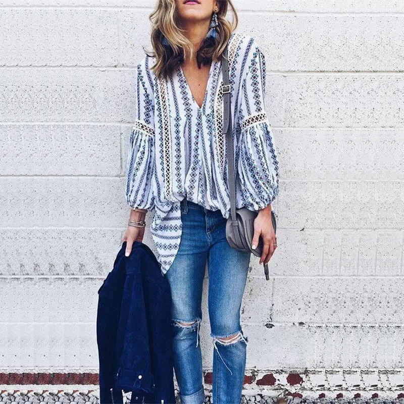 

Lantern Sleeves New Striped Women Blouse 2020 Autumn Oversize Loosen Long Ladies Clothes Sexy V-neck Blue Color Cotton Tops