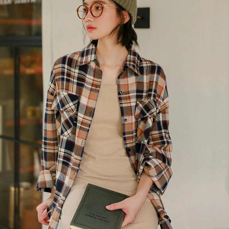

Women vintage buttons pockets blouses Long sleeve plaid cotton shirts Woman work wear office