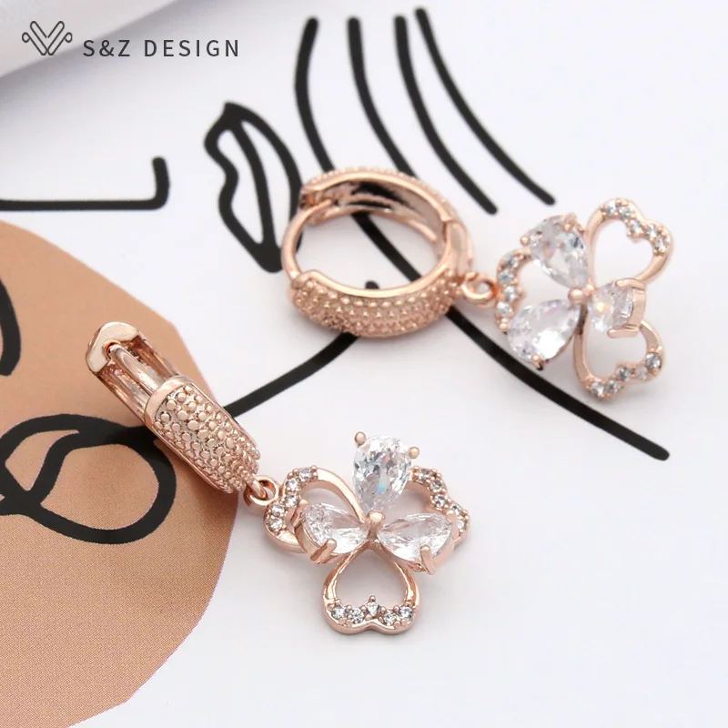 S&Z DESIGN New Fashion Elegant Cute Flower Cubic Zirconia Dangle Earrings For Women Girl Wedding Party Lovely Fine Jewelry