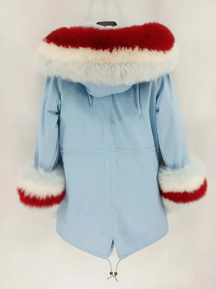 Long Parka Winter Jacket Women Natural Real Fox Fur Collar Hood Coat Thick Warm Outerwear Detachable Streetwear New