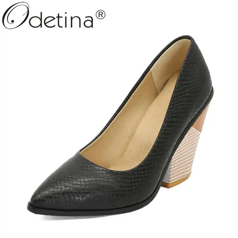 

Odetina Women Fashion Block Stacked Extreme High Heel Party Pumps Ladies Retro Pointed Toe Slip On Sexy Snakeskin Dress Pumps