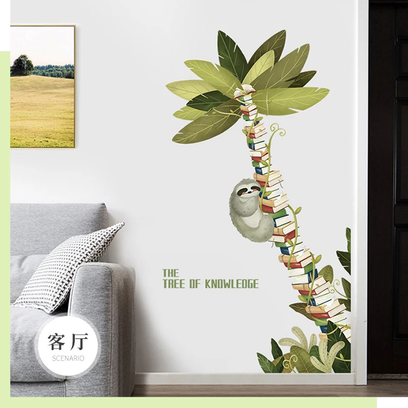 Creative Sloth And Books Tree Wall Stickers Library Decal Children's Room Decor Study Classroom Decoration Nursery Vinyl Posters