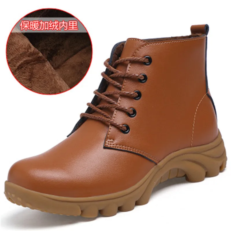 New Fashion Real Cowhide Leather Ankle Boots Winter Plush Warm Comfort Flat Snow Boots Platform Non-slip Lace-Up Booties - Цвет: Коричневый