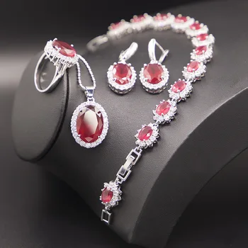 

GZJY Women Red Crystal Jewelry Sets 925 Silver Logo Drop Earrings Necklace Pendant Bracelet Ring For Cocktail Party Gifts
