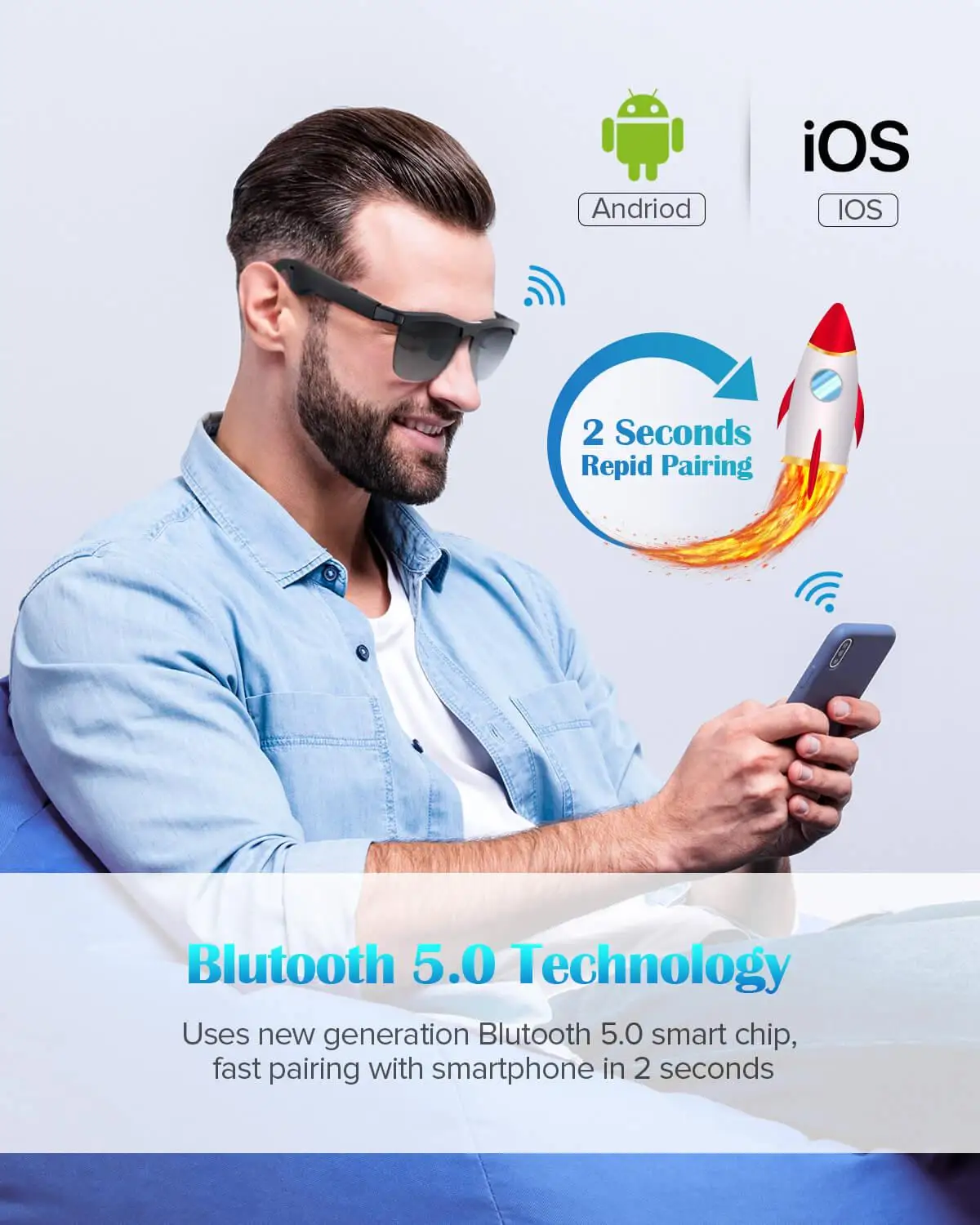 Wireless Audio Bluetooth Sunglasses with Open Ear