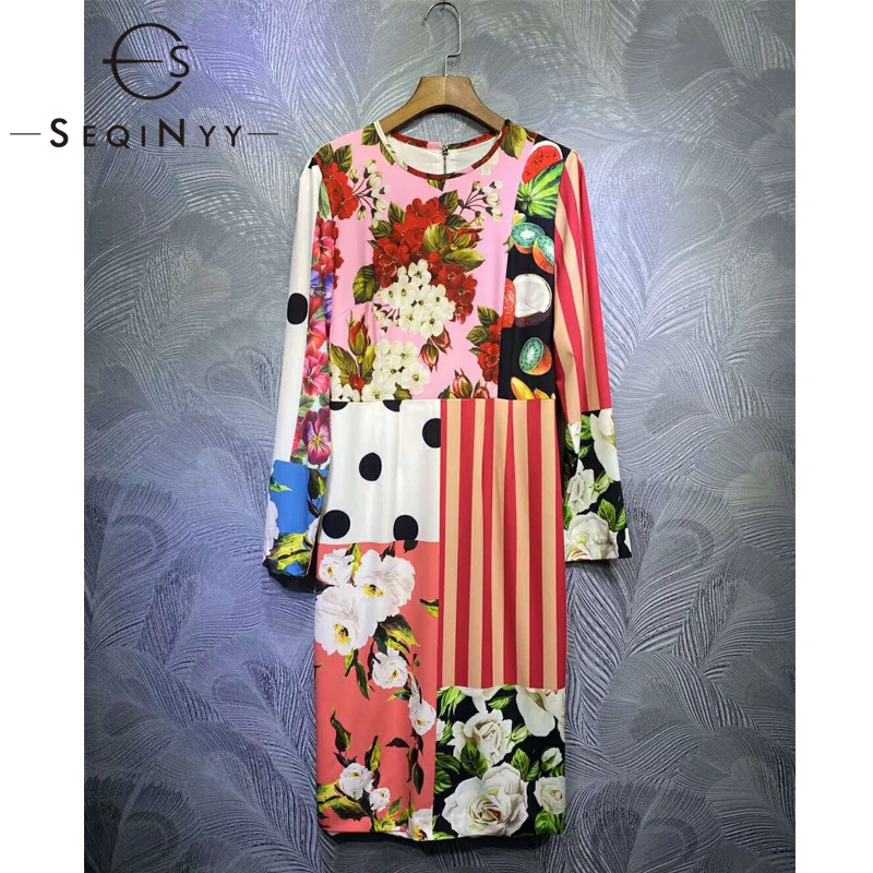 

SEQINYY Sicily Style Dress 2020 Spring Autumn New Fashion Design Women Runway Dot Flowers Fruit Print Stripes Pink Knee Slim
