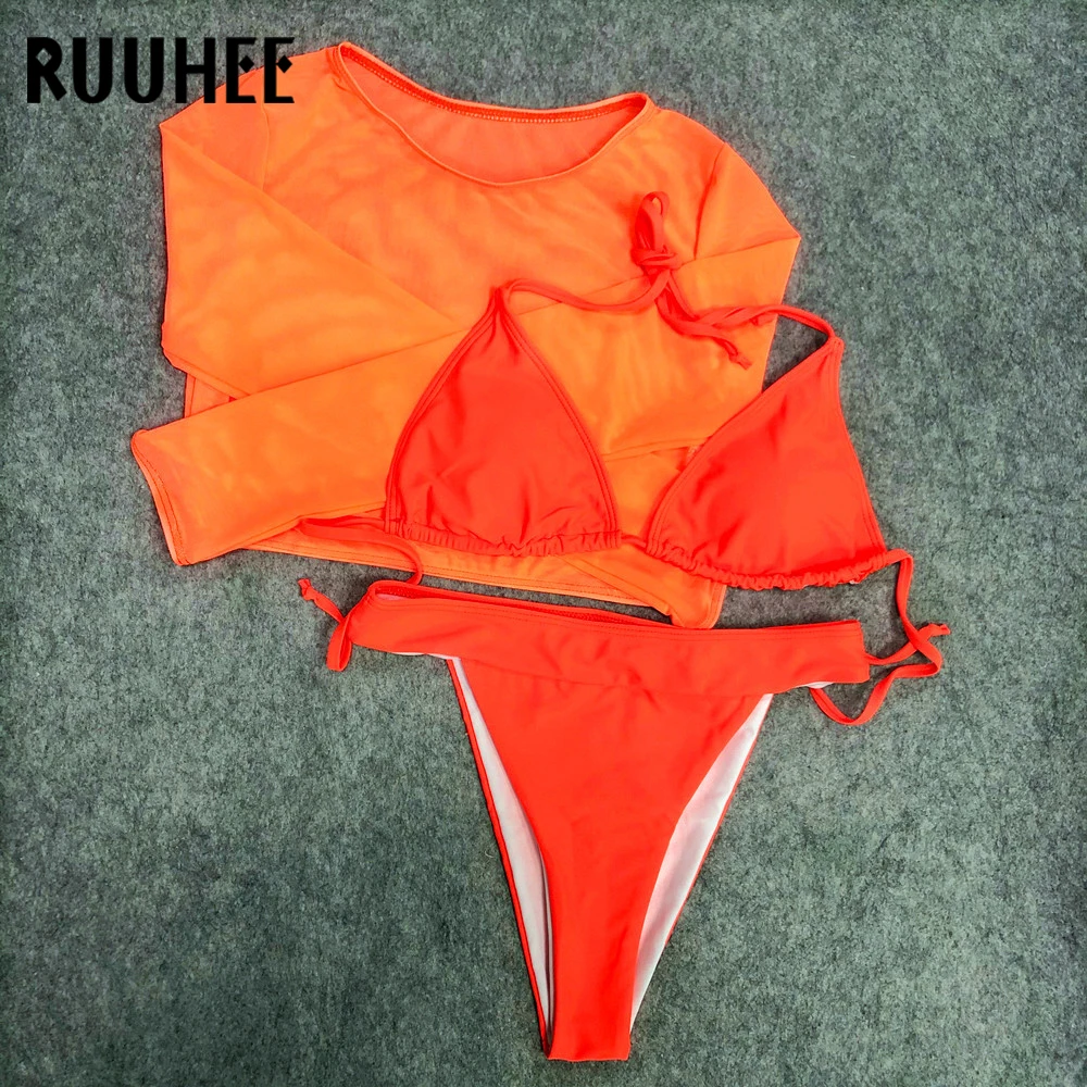 RUUHEE, 3 предмета, бикини, купальники, Холтер, Солнцезащитный купальник, бикини, набор, высокая нога, пуш-ап, сексуальный женский купальник, пляжная одежда, бикини