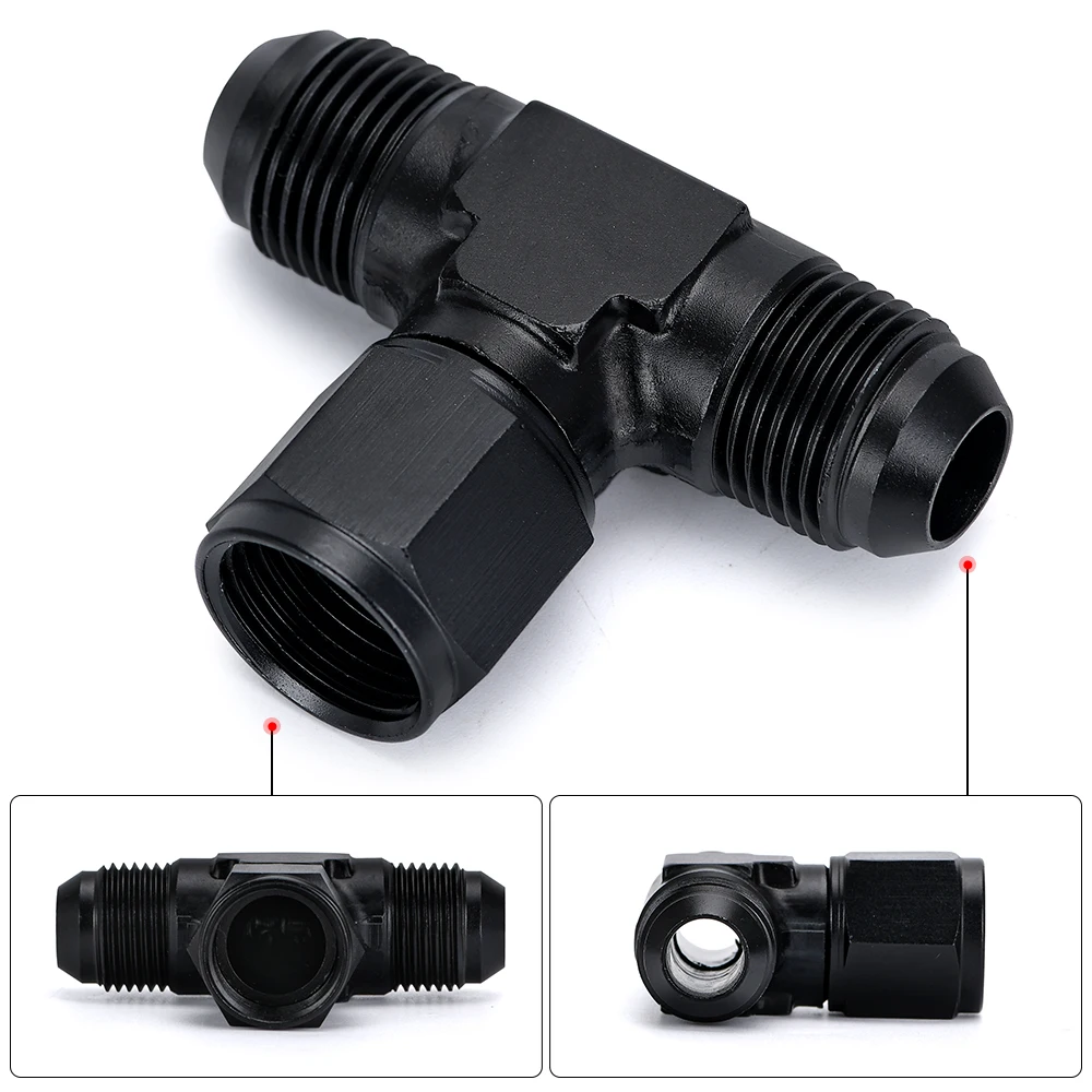 Aluminum Flare Tee Fitting AN6 AN8 AN10 Female To Male Tee On Side Thread Fitting Adapter Black 1 Pack