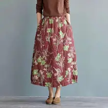 Винтажные хлопковые льняные длинные юбки для женщин; Зимняя юбка; Женская юбка с цветочным принтом; плотная Теплая юбка-бутон с высокой талией; женские юбки