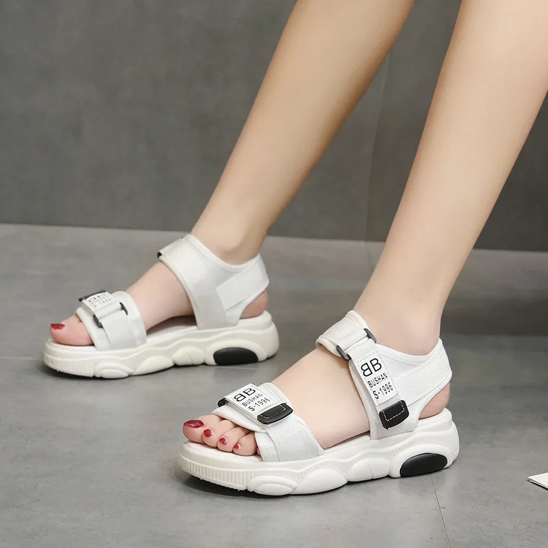 

2019 Summer New Style Semi-high Heeled Flat Heel Waterproof Platform A- line Low-Cut Velcro Low Top Platform Canvas WOMEN'S Sand