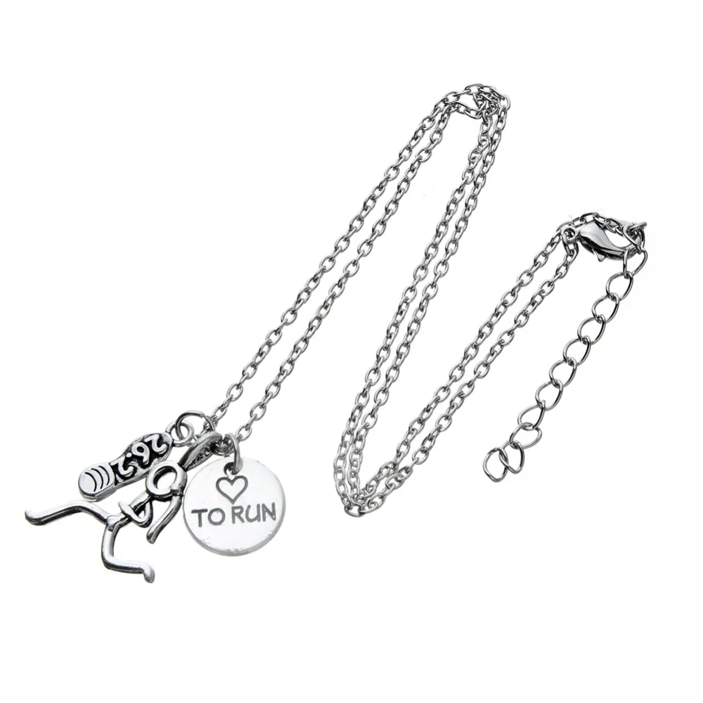 Fishhook New Antique Silver Color Plated Figure Runner and Run 26.2 Marathon Shoe Charm Necklace gym jewelry Fitness necklace