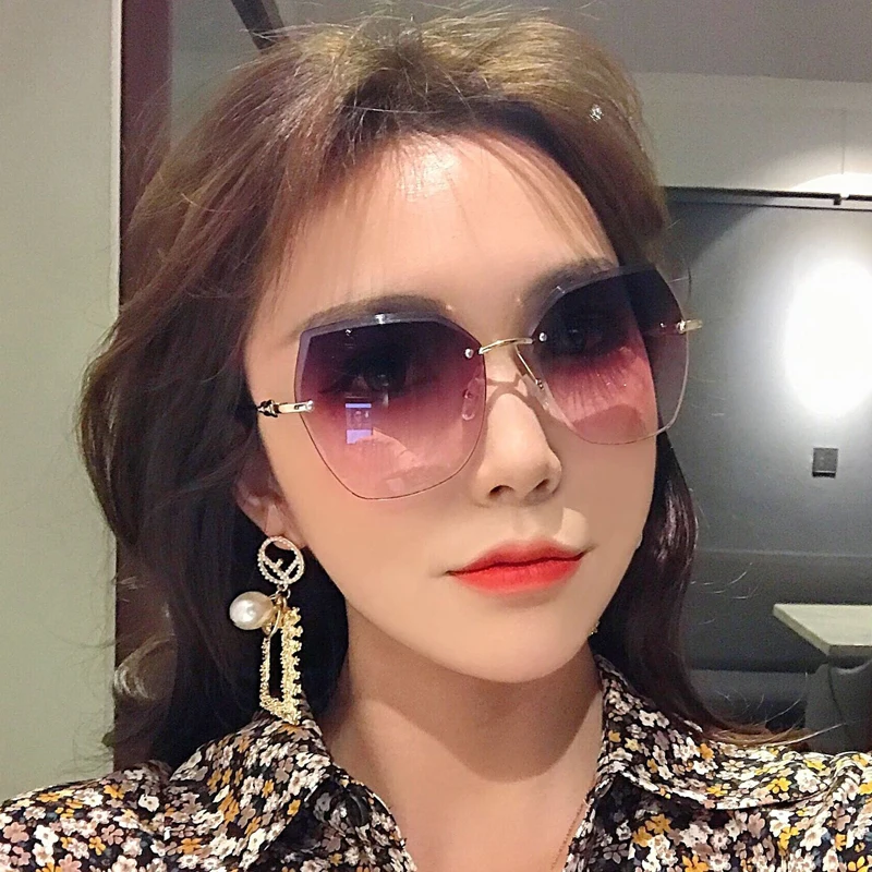

FEISHINI Oversized Sunglasses Women Rimless Diamond Cutting Lens Brand Designer Fashion Shades Crystal Sun Glasses Ladies 2020