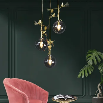 

Spiral Staircase Glass Ball Pendant Lights Nordic Luxury Gold Bird Decorations Hanging Lamps Modern Indoor Led Lighting