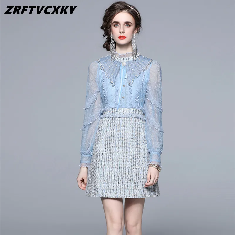 

ZRFTVCXKY Spring Runway Beading Embroidery Mesh Stitching Tweed Dress Women Chic Ruffled Long Sleeve Elegant Party Dresses