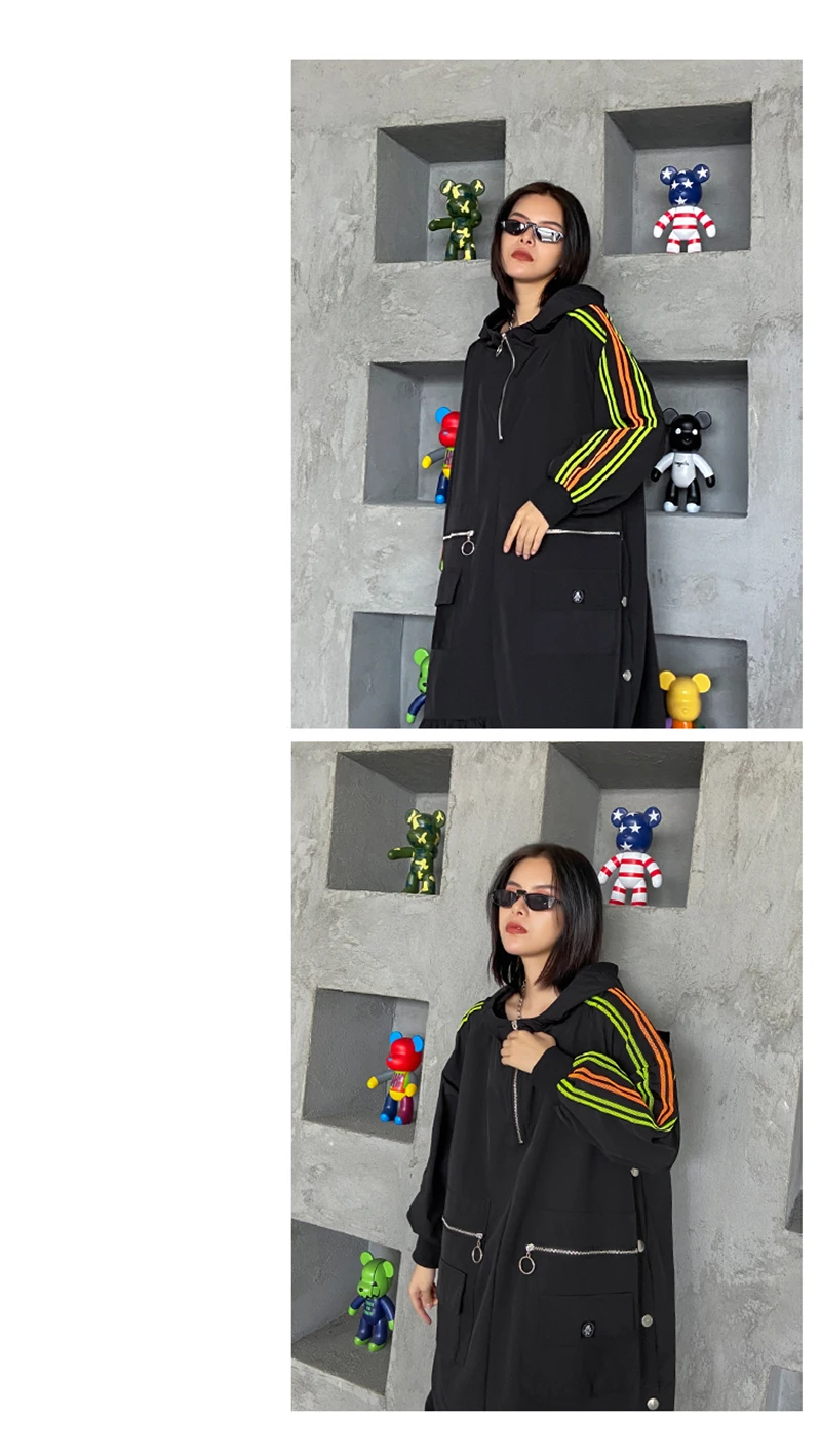 [EAM] Women Black Striped Ruffles Long Big Size Long Dress New Hooded Long Sleeve Loose Fit Fashion Spring Autumn 2020 1DA229
